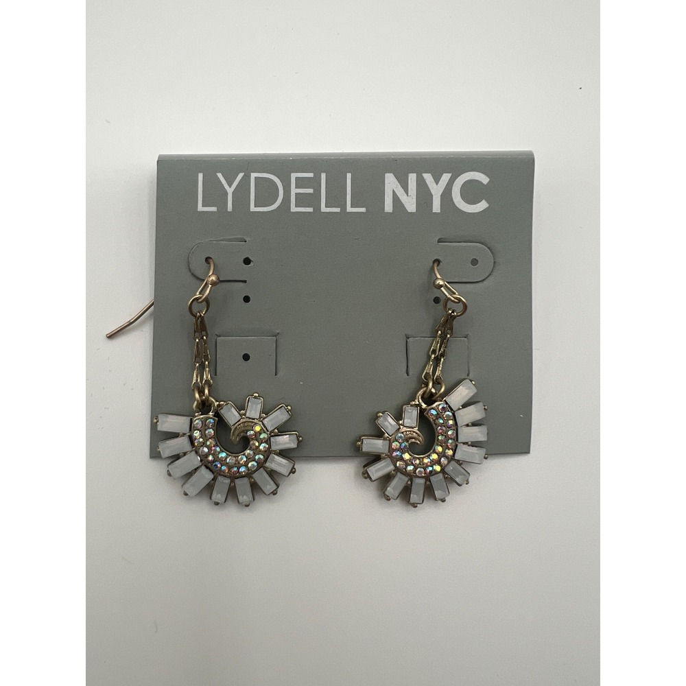 Lydell NYC Gold Tone Iridescent AB Rhinestone Milky White Baguette Drop Earrings